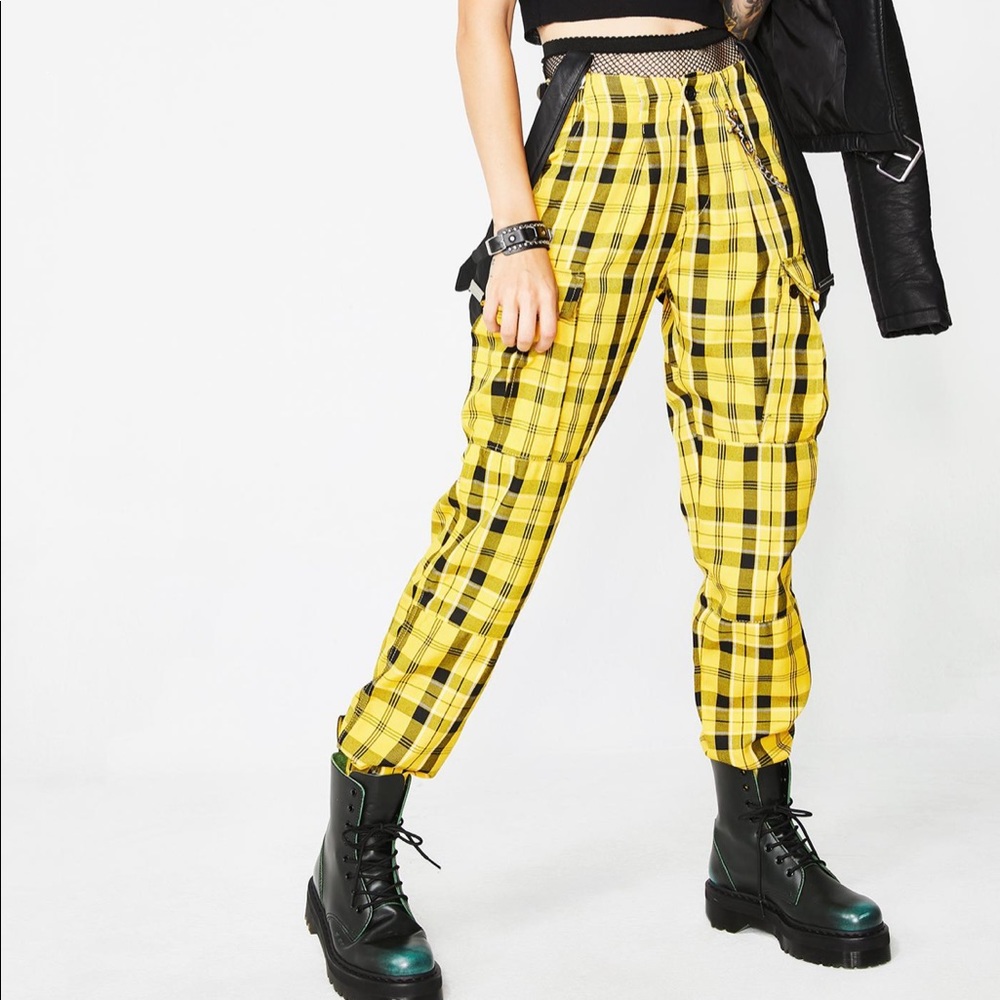 dolls kill yellow plaid cargo pants